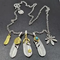 フェザー チェーン ネックレス 70㎝ シルバー ターコイズ 羽根