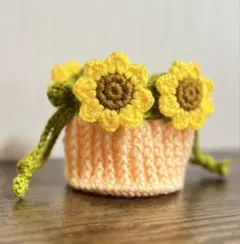 ひまわり 巾着 かぎ編み ポーチ ブーケ風 小物入れ ハンドメイド