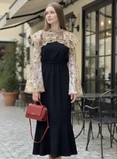 極美品✨花柄キャンディスリーブ切替ワンピース マーメイド 黒 L 結婚式 モテ