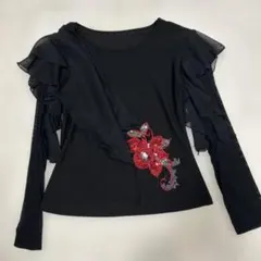 社交ダンスレッスンウェア　フリル付き黒長袖