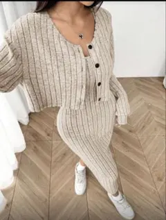 リブニットワンピース 長袖カーディガン付き
