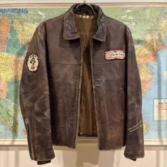貴重70sシングルライダースレザージャケットハンドペイントポパイオリーブミリタリのサムネイル