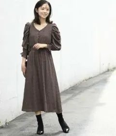 ViS 袖ボリューム花柄シャーリングロングワンピース パフ袖