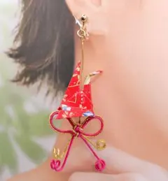 レジン加工 折り鶴 折羽鶴 友禅千代紙 水引 リボン イヤリング 和風 紅白