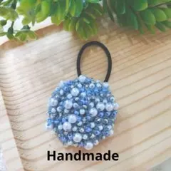 ハンドメイド　ビーズのまんまるヘアゴム（ネイビー）