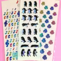【平成レトロ】シール　音符　ペンギン　貝　3枚セット　ホログラム　カラフル　レア
