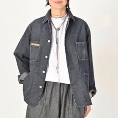 ★45R★小麦デニム レフア ノーカラージャケット ヒッコリーストライプ M ☆45R☆小麦デニム レフア ノーカラージャケット ヒッコリーストライプ