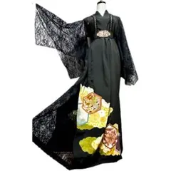 留袖　着物リメイク　ドレス　レース袖裾　和柄　ワンピース　金糸鳳凰　ハンドメイド