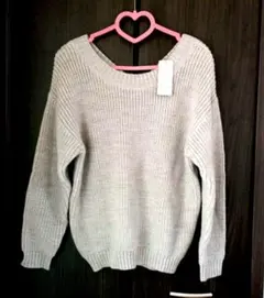 バック編み上げリボン付き　グレー Uネック セーター 38 (M)