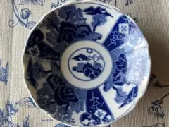 幕末〜明治期 古伊万里 染付 扇面山水花文 輪花 膾皿15.5cmのサムネイル