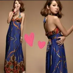 青 プリント柄 キャミソール ロングワンピース ロングスカート 夏 ドレス