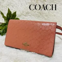 コーチ パテントレザー ショルダーウォレット 長財布 ピンクベージュ