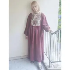 merry jenny ジャガードコンビコールワンピース ボルドー 花柄