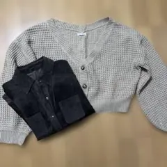 2着セットベージュ ニット クロップドカーディガン　ダークブラウン豚革シャツ