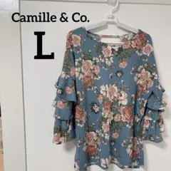 Camille & Co. 【L】フラワープリントフリルスリーブトップス ブルー