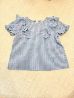 フリル付き青白ストライプ半袖トップス 120