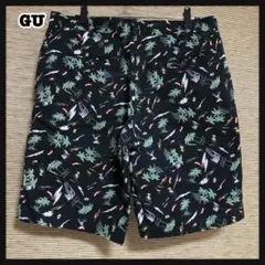 GU ハーフパンツ　総柄　サーフィン　ヤシの木　浮き輪　南国　黒K2