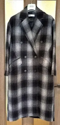 【美品】ZARA軽量ウール100%オーバーサイズグレー系チェック ロングコート