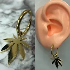 フープ ピアス ドロップ 5本指 420 カエデ 葉っぱ ゴールド 片耳 18g