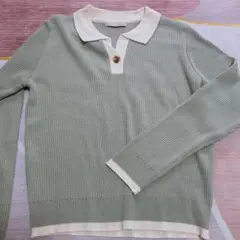 グリーン ポロカラー ニット セーター