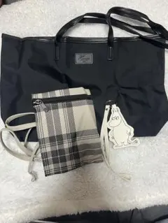 ブラックトートバッグ チェックポーチ付き