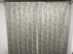 リーフ柄カーテンセット ドレープ＋レース グリーン系 掃き出し窓用 タッセル付き