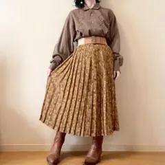 花柄 プリーツ ロングスカート レトロモダン ヴィンテージ 茶系 秋色 一点物