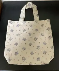 ハンドメイド 薄手トートバッグ 白 ネコ柄 裏地ピンクKOKKA