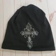 【美品】十字架 ラインストーン ニットキャップ ブラック y2k　ビーニー　黒