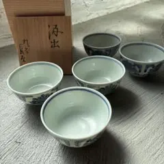 こ*ん様 青い花柄 湯飲み 5個セット 木箱入り