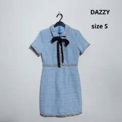 DAZZY オールツイード襟付きフロントリボンパールビジュー半袖タイトミニドレス