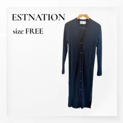 【良品】ESTNATION ロングカーディガン ネイビー ウール100% 着痩せのサムネイル