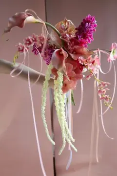 リボンブーケ　ピンク系　カラー　胡蝶蘭　ウエディングブーケ