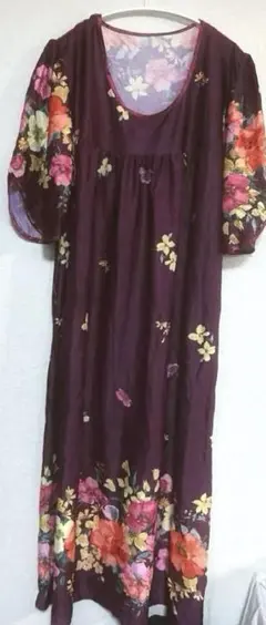 紫色フラワープリントロングドレスMサイズ花柄　ドレス　お出かけ