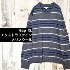 美品 Gap 洗える エクストラファインメリノウール ボーダーニット XL 灰