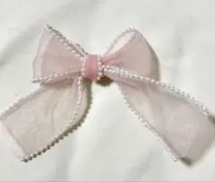 [ハンドメイド] パール付きオーガンジーピンクリボン ヘアピン