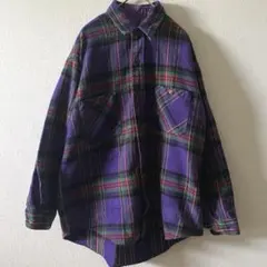 【GQFORD】チェック柄シャツジャケット 長袖 ネルシャツ L パープル 古着