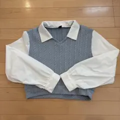 SHEIN 水色ニットと白の長袖シャツ　Mのサムネイル