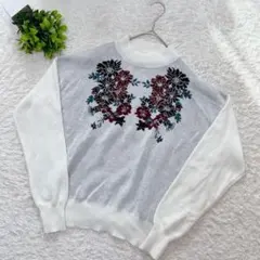 【アースミュージックアンドエコロジー】 長袖 ニット (F) 花柄 グレー 白