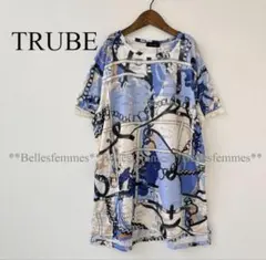 タグ付新品【TRUBE】ジャガード風チェーン柄カットソー チュニックブルーML