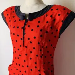 国産当時物　赤と黒の水玉フレンチスリーブワンピース
