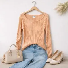 illi♡リブニットトップス 長袖 コットン オレンジ系 ONEサイズのサムネイル