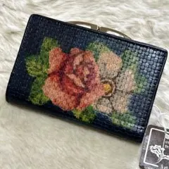 タグ付き　美品　山羊革　メッシュ　手書き花柄　ガマ口財布　昭和レトロ　ネイビー