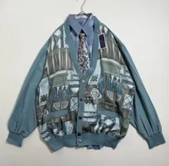 ネクタイシャツ 幾何学模様 リネン カーディガン ネクタイ シャツ シルク 古着