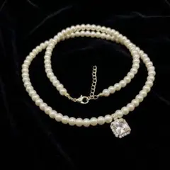 パールネックレス スクエアジルコニア ゴールド 高見え 上品 結婚式 フォーマル