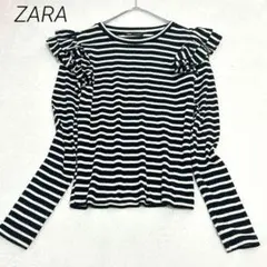 ザラ　ボーダー長袖 カットソー 肩フリル (S) Tシャツ 大人可愛い　黒　白のサムネイル