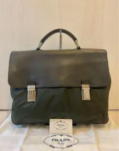 PRADA ハンドバッグ　ビジネスバッグ　レザー　ナイロン　ロゴプレート　カーキ