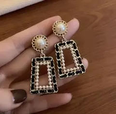 アンティーク調 スクエア パール ピアス インポート 幾何学 大ぶり レトロ