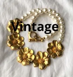 ビンテージ　パール　マットゴールド　ネックレス　フラワーモチーフ　つや消し