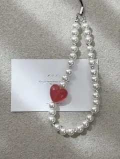 1058(再) ビーズストラップ　スマホストラップ　ハート　パール　推し活